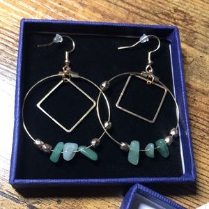 New artisan made gold fashion earrings with green chips, gift box/card